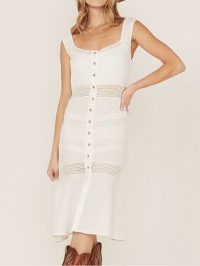 Idyllwind Women’s White Utopia Gauze Midi Dress Wood Buttons Lace Women’s Size L